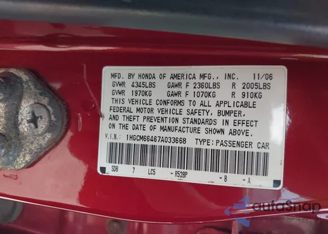 2007 Honda Accord 3.0 Se from USA, damaged, VIN 1HGCM66467A033668